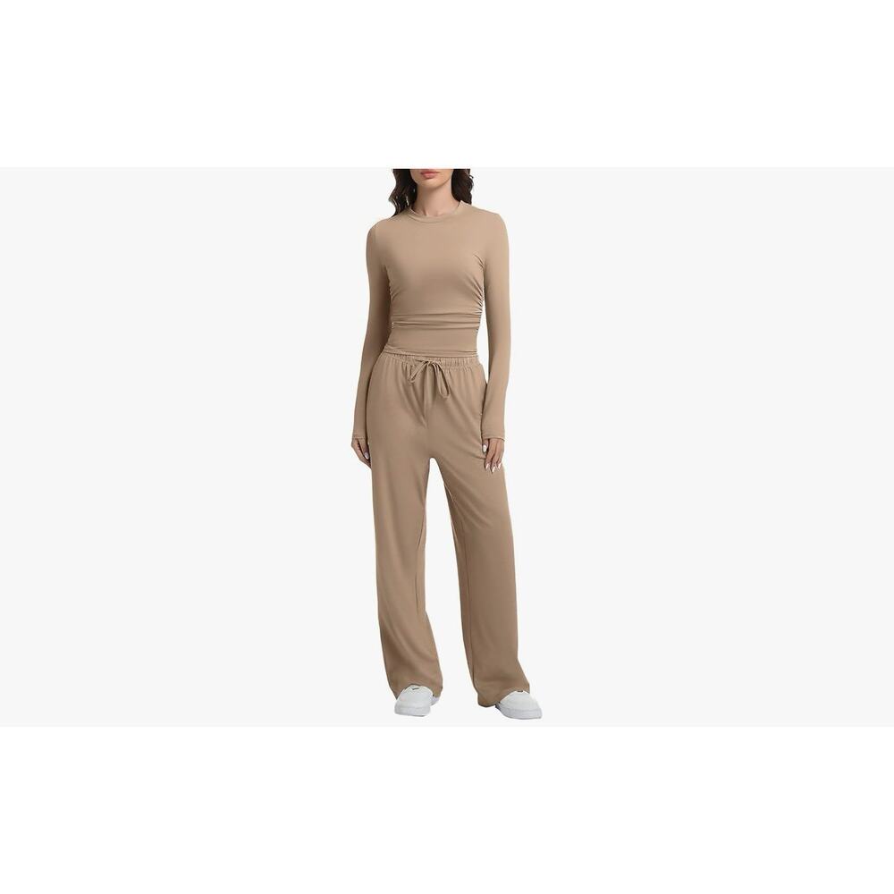 2 Piece Lounge Sets for Women Fall Outfits Long Sleeve Wide Leg Almond Large